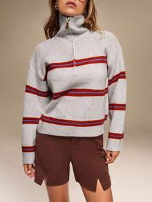 Qadelle Women's Autumn/Winter Polo Collar Half Zip Striped Contrast Color Loose Knit Sweater - Grey - View 8