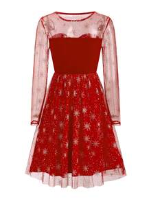 Ellevyn 女士圆领长袖网眼粉面料优雅日常穿着、节日、圣诞派对连衣裙，秋冬 - 紅色 - 查看 13