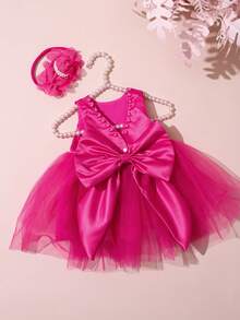 SHEIN 2件套新生儿女童珍珠风格连衣裙配玫瑰花头饰婴儿拍照服装婴儿1个月100天拍照服装 - 玫紅色 - 查看 6