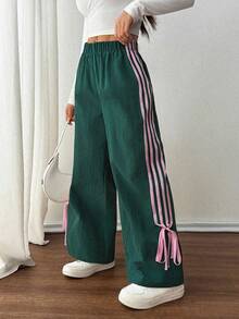 SHEIN PETITE Women's Green Side Contrast Pink Bowknot Elastic Waist Pants Y2k Pants Drawstring Pants Green Pants Track Pants Wide Leg Pants