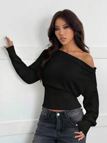 SHEIN PETITE 米色超大碎花不对称肩部浪漫宽松针织毛衣，秋冬 - 黑色 - 查看 4