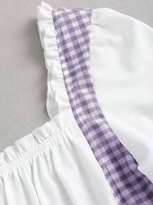 Sweetra Blue & White Plaid Waist Cinching Short Sleeve Dress - Purple - View 4