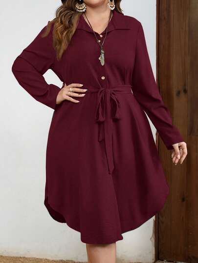 EMERY ROSE Plus Size Solid Color Front Button Curved Hem Long Sleeve Dress, Autumn