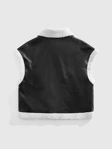 ROMWE MEN Street Life Chaleco con cremallera de forro polar con ribete de contraste para hombre, de moda para otoño/invierno - Negro - Ver 2