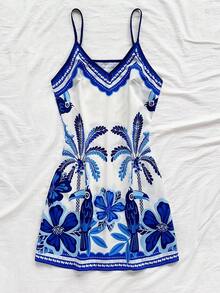 Soleia Women's Spaghetti Strap V-Neck Sleeveless Vintage Casual Dress - Blue and White - View 7