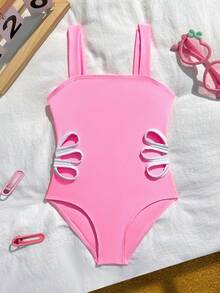 Young Girl Floral Cutout One-Piece Swimsuit, Beach Vacation Style, Summer Beachwear Kids One Piece Bathing Suit Full Piece Kids One Piece Bathing Suit Kids Kids Swimsuits Pink Swimsuit Kids Girl - Pink - View 3