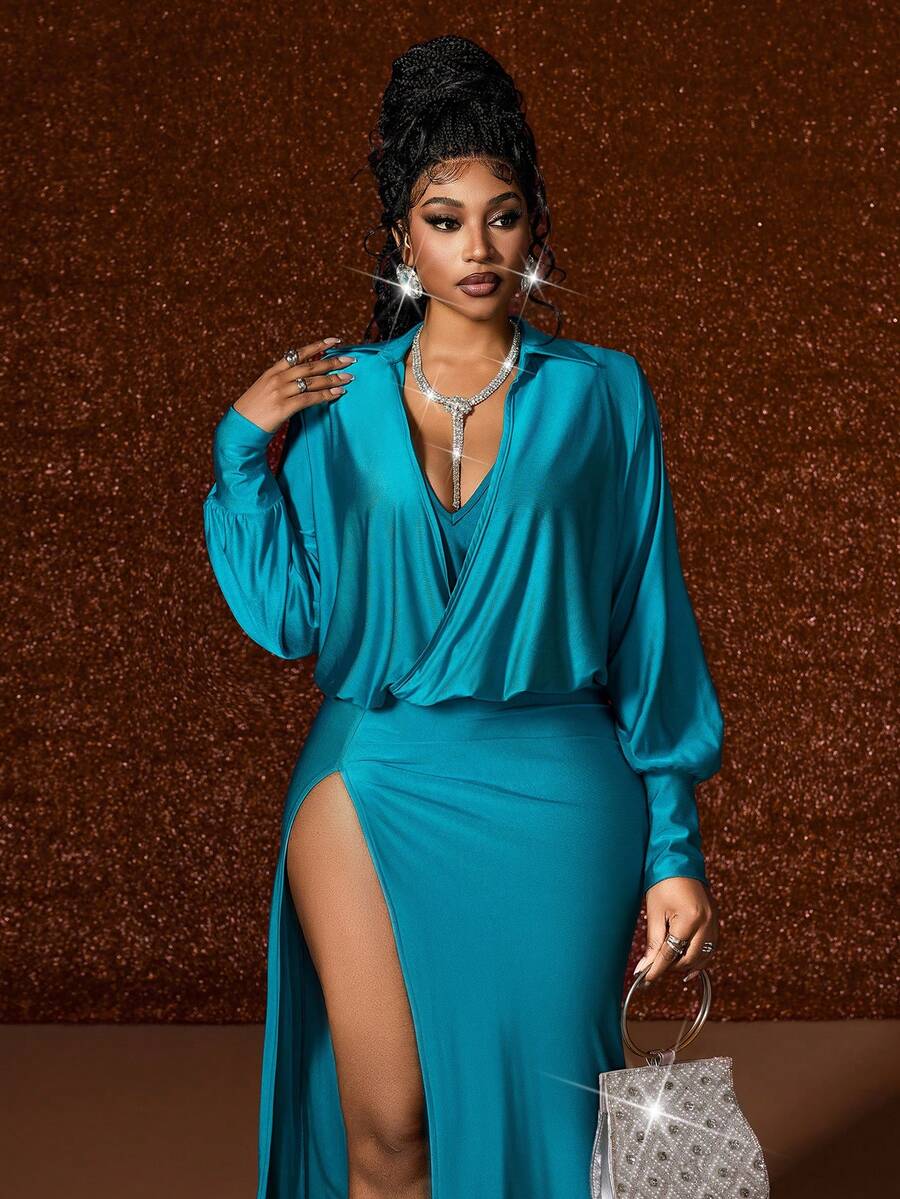 Maweii Plus Size Women's Elegant Shiny Satin Light Teal,Autumn,Night Out Club High Slit Maxi Dress,Deep V-Neck Long Sleeve Backless Formal Party Dress - Multicolor - View 1