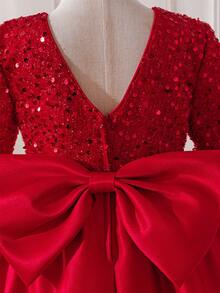 Glamorique Kids Girls' Red Sequin Tulle Puffy Dress, Satin Back Bow Trailing Party Dress, Elegant Children Christmas/Halloween Dress.Princess Dress. Formal Occasion Wear Spring/Autumn /Winter Princess Halloween/Christmas Party  Dresses - Red - View 6