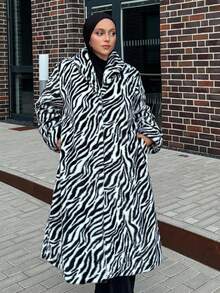 DAZY Zebra Print Thermal Lined Thick Warm Long Faux Fur Coat For Women - Black and White - View 5