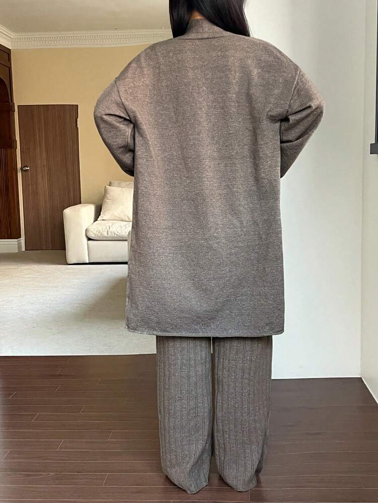 Women's Knitted Hooded Cardigan, Cable Vest And Long Pants Loungewear Set, Winter