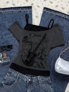 Attitoon 女式休闲简约吉他图案复古撞色短袖 T 恤 - 深灰色 - 查看 2