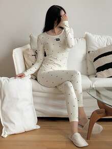 DAZY 2 件女式波尔卡圆点印花修身长袖上衣和裤子睡衣套装，秋冬睡衣秋季衣服 - 白色 - 查看 6