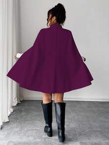 Elenzga 时尚休闲法式复古优雅珍珠纽扣蝴蝶结斗篷大衣 - 紫色 - 查看 2