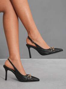 CUCCOO BIZCHIC Black PU & Gold Buckle Fashionable Sexy French Style Pointed Toe Backless Party/Date Pumps - Black - View 9