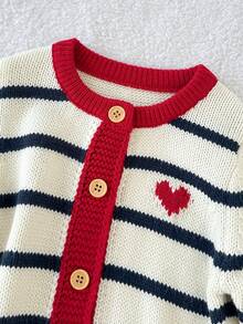 Souflis Souflis Baby Boy Round Neck Long Sleeve Striped Heart Pattern Cardigan, Fashionable Minimalist Versatile Top