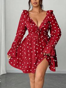 Elenzga Robe élégante et romantique à col V profond, volants à l'ourlet, nœud papillon, en mousseline de soie à pois, grande taille - Rouge - Voir 2