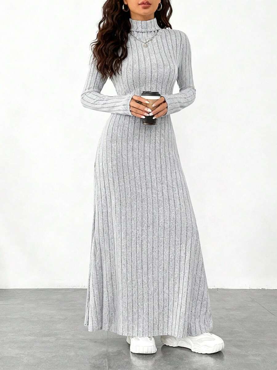 少女休闲罗纹高领长裙，百搭秋冬装 - 灰色 - 查看 1