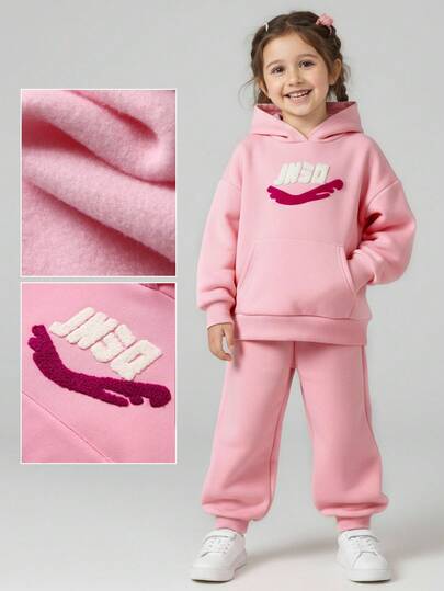 JNSQ 2 pièces/Set sweat-shirt à capuche en polaire à manches longues pour filles, sweat-shirt à capuche avec design brodé amusant et pantalon de survêtement ample, convient pour le port casual en automne et hiver, les activités de plein air, les vacances, le streetwear, les fêtes et les loisirs