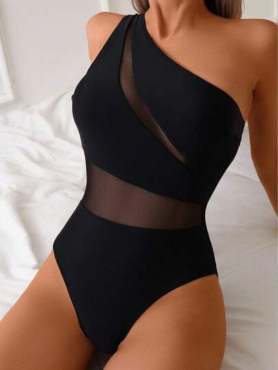 Swim Lushoire Women Solid Color Mesh Patchwork One-Piece Swimsuit, Asymmetric One Shoulder Backless Casual Elegant Vacation Swimwear