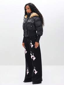 BABYPHAT Cropped Puffer Jacket With Fur Hood Embroidered Winter Coat Quilted Outerwear