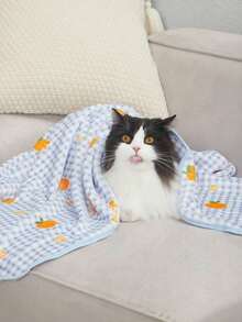 PETSIN 1 件蓝色格子橙色水果拼布宠物卡通法兰绒毯子，猫用品 - 彩色 - 查看 1