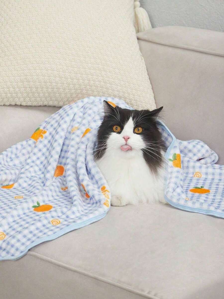 PETSIN 1 件蓝色格子橙色水果拼布宠物卡通法兰绒毯子，猫用品 - 彩色 - 查看 1