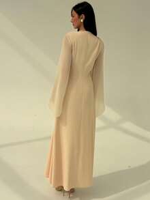 Aloruh Apricot Minimalist Commuter Ruched Collar Flare Sleeve Patchwork Long Sleeve Dress For Women - Apricot - View 4