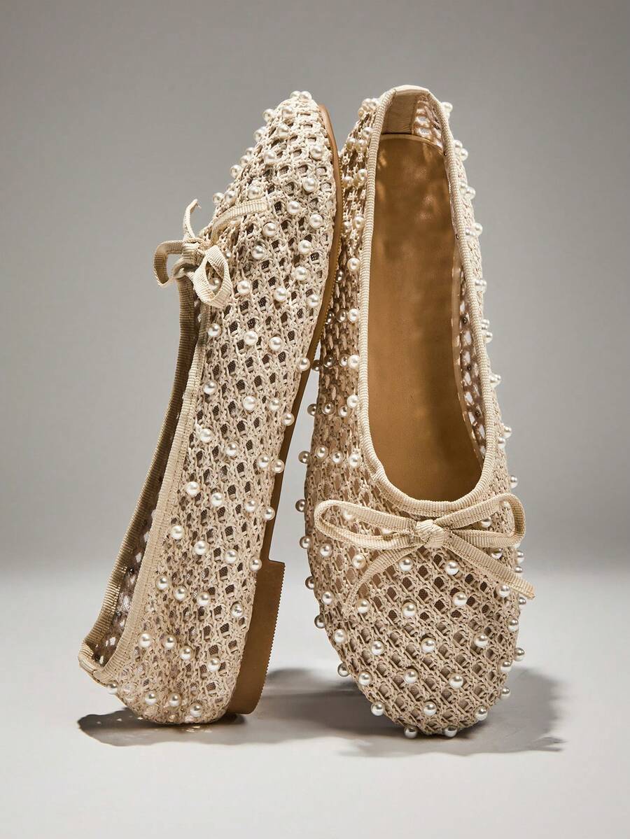 Solezae Ladies Crochet Mary Jane Ballet Flat With Pearls For Christmas Valentine's Day - Beige - View 1