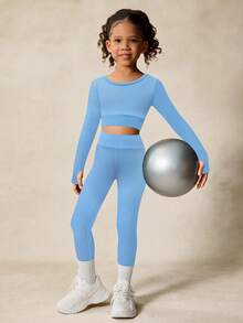 Young Girls Activewear Set, High Stretch Long Sleeve, Criss-Cross Hollow Back Design Sportswear, Back To School, Casual - Blue - View 2