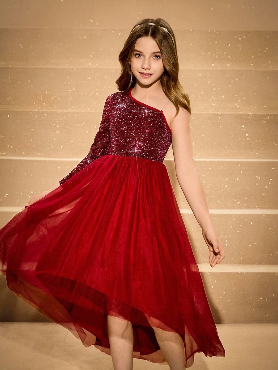 Tween Mädchen-Kleid im eleganten, klassischen Stil, Burgund & Metallic Silber Folie, Langarm, tailliert, luxuriöse doppellagige, weiche Tüll Volant Kleid, Abendkleid - Bordeaux - Übersicht 1