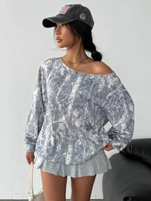 SHEIN Áo nỉ hở vai dáng rộng in họa tiết lá chết phong cách Mỹ cho bé gái tuổi teen, áo phông, quần áo thu đông Áo nỉ hở vai, áo nỉ xám, áo phông mùa hè, trở lại trường vào mùa thu đông - Nhiều màu - Xem 3