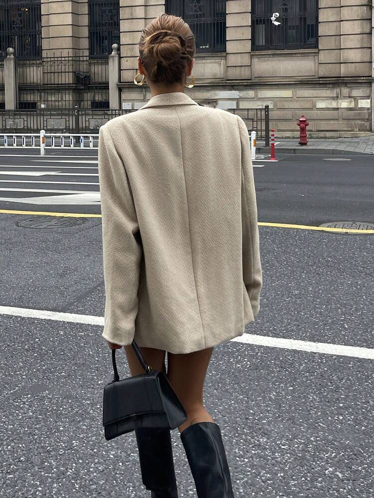 Women's Casual Business Casual Elegant Commuting Fashion Solid Color Lapel Collar Double-Breasted Cardigan Jacket, Summer Business Office Attire Beige