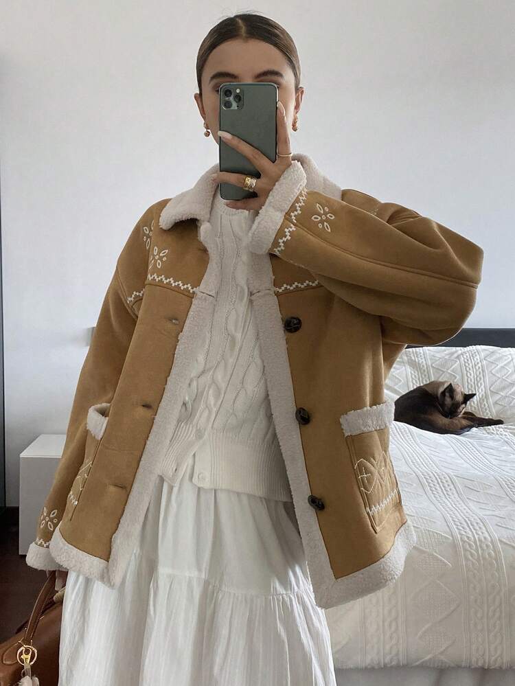 Suede Composite Lambswool Thickened Retro Embroidered Loose Long Sleeve Lapel Pocket Casual Jacket For Women, Autumn/Winter Thermal Lined Women Coats