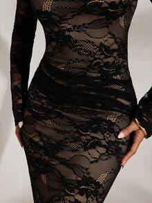 Opulessa Vestido ajustado de manga larga, hombros descubiertos, de punto de unicolor y encaje para vacaciones para mujeres