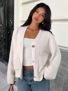 SHEIN EZwear Damen V-Ausschnitt Strickjacke mit Metallknöpfen, Neu Herbst/Winter - Weiss - Übersicht 3