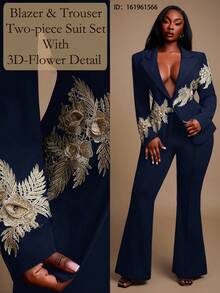 Radiana 大码女式秋冬优雅性感 2 件套奢华金线刺绣 3D 花朵装饰通勤风格西装外套和喇叭裤套装，适合宴会 - 藏蓝色 - 查看 4