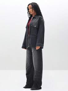 BABYPHAT 女式超大牛仔夹克长袖拉链休闲外套秋冬衣橱必备 - 深灰色 - 查看 4