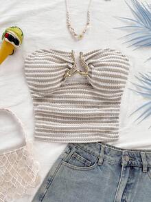 Soleia 女士度假白色针织纹理短款吊带背心，正面镂空心形金属扣装饰，修身显瘦，适合派对、约会、下午茶、海滩、音乐节、狂欢节 - 彩色 - 查看 7