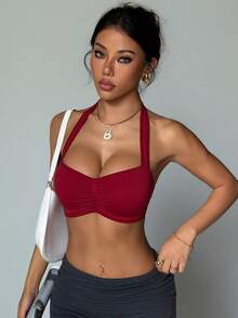 Slayform Women's Racerback Ruched Seamless Sports Bra,Burgundy Red Summer Athleisure Gym Halter Top With Built In Bra,Comfortable Push Up Bikini Top - Burgundy - View 5