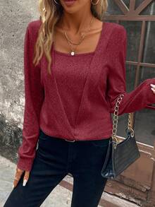 SHEIN Clasi Solid Square Neck Sweatshirt,Long Sleeve Top,Graduation,Teacher,Back To School In Fall/Winter - Redwood - View 3