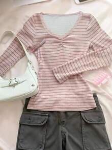 SHEIN 少女时尚休闲优雅可爱街头风格混合条纹蕾丝边长袖 T 恤，秋季 - 粉色 - 查看 1