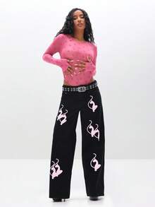 BABYPHAT Quần Jeans Baggy Fit Vintage Wash Có Chi Tiết Đính Quần Ống Rộng Cho Phong Cách Đường Phố Thường Ngày - màu đen - Xem 2