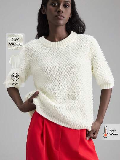 Ontre Women's Ivory Wool Blend Soft & Comfortable Crew Neck Dropped Shoulder Half Sleeve Sweater, Textured Knit, Flattering Fit, Versatile For Autumn/Winter, Casual, Business, Office Wear Versatile And Comfortable Wool Sweater For Fall And Winter High-End, Elegant, Old-Fashioned Cruise Attire For Wedding Guests Christmas Evening Clothes New Year Atmosphere Holiday Party Women's Clothing Modern Urban Casual Fashion Business Casual Women's Office Wear Low-Key Old Money Style Effortless Versatile And Comf