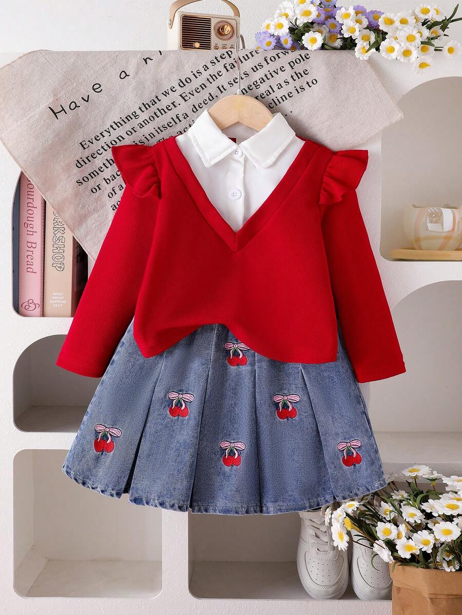 Conjunto de niña joven de blusa de manga larga con cuello y tela texturizada roja + falda de mezclilla plisada bordada, elegante para ir al trabajo - Rojo - Ver 1