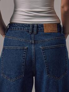 MUSERA Mid Waist Baggy Fit Mid Blue Wash Silver Button Detail Denim Jeans Mid Rise Casual Winter Night Out Back To School Office Work Date Night Core Denim Chic Spring Summer - Dark Wash - View 6