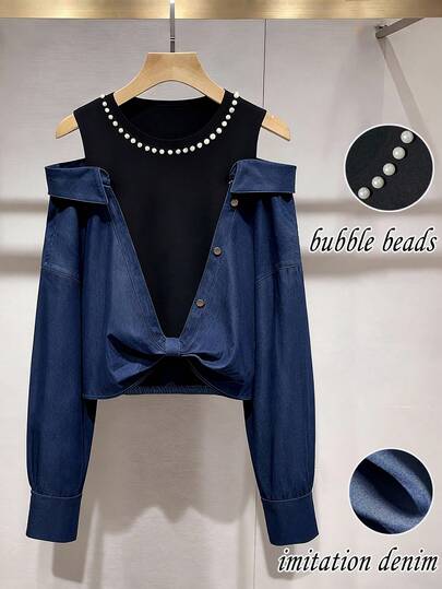 Franclia Women's Denim Effect Contrast Collar Pearl Decor 2 In 1 Long Sleeve Shirt, Autumn