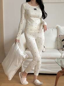 DAZY 2 件女式波尔卡圆点印花修身长袖上衣和裤子睡衣套装，秋冬睡衣秋季衣服 - 白色 - 查看 7