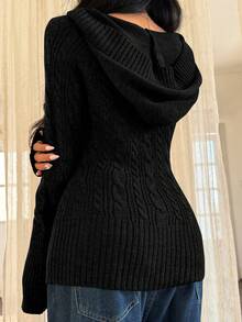 INAWLY Áo len dệt kim dài tay cổ chữ V màu trơn có mũ trùm đầu dành cho nữ - màu đen - Xem 6