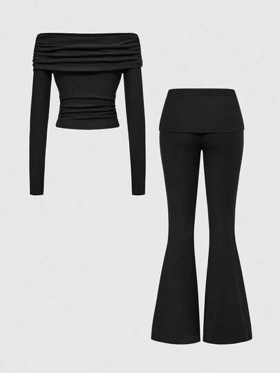 1 set body épaules dénudées et pantalon de yoga évasé taille haute