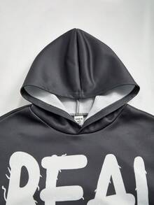 SHEIN 2件套儿童/青少年男童休闲日常舒适图案印花连帽运动衫和运动裤套装 - 黑色 - 查看 7
